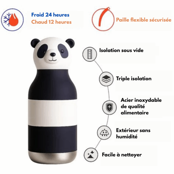 Gourde Mai le panda en inox recyclé avec tête en silicone amovible