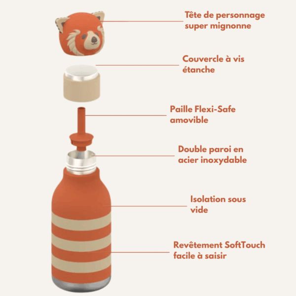Gourde Ember le Panda Roux en inox recyclé avec tête en silicone amovible