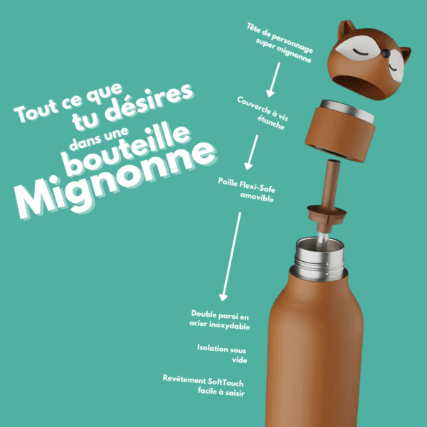Gourde Sora la renarde en inox recyclé avec tête en silicone amovible